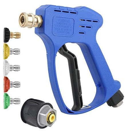 High Pressure Washer Gun Handle with 5 Water Nozzle Tip, Water Wash Cleaner for Car Cleaning Kit(1/4 Karcher Kärcher Quick Connector & M22 14MM Fitting Hose Connector) Power Wand 4350 PSI (Blue)
