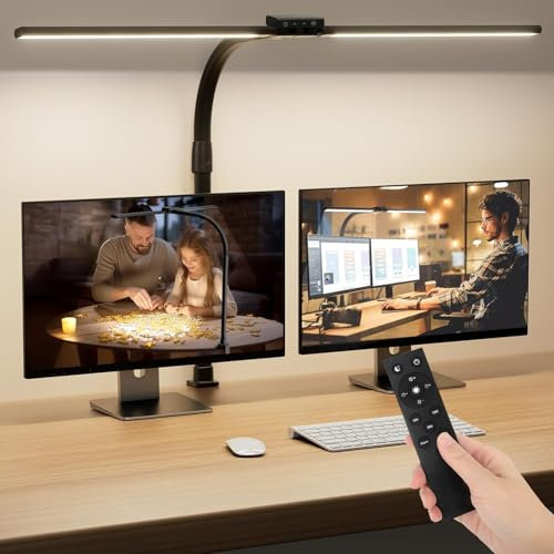 TONGLIN Lámpara Escritorio LED Regulable con Control Remoto, 1600 LM Lámpara de Doble Cabezal con Abrazadera, 75CM 24W Protección Ocular Flexo Escritorio,5 Temperaturas Color y Niveles Brillo