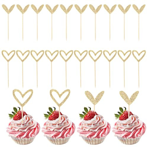 Xinjoduz 24 piezas de decoración para cupcakes de boda, decoración de cupcakes con purpurina y corazón para boda, compromiso, despedida de soltera, feliz cumpleaños (dorado, 2 estilos)
