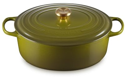 Le Creuset Enameled Cast Iron Signature Oval Dutch Oven, 8 qt., Olive with Gold Knob