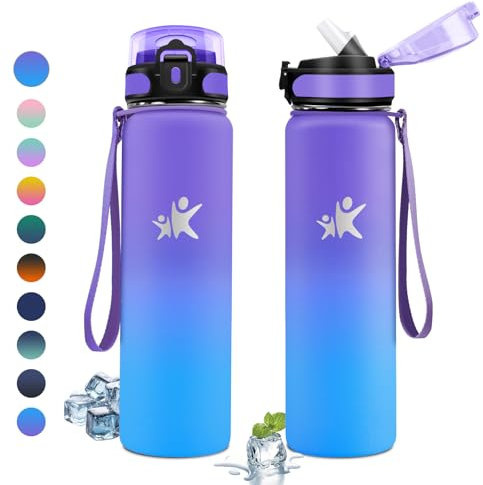 KollyKolla Borraccia Termica 1 Litro, a Prova di Perdite, Borracce Termiche con Cannuccia, Riutilizzabile, Bottiglia Acqua Termos senza BPA, Borraccia per Bambini, Adulto, Campeggio, Ciclismo