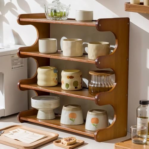 LAJUU 4-tier Bamboo Coffee Mug Display Rack Shelves Retro Small Countertop Coffee Cup Holder Japanese Style Kitchen Storage Shelf Spice Jar Organizer For Home Office Coffee Station Bar