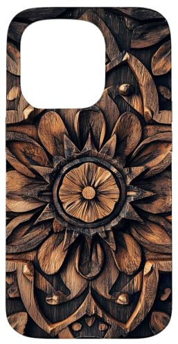 Hülle für iPhone 15 Pro Filigranes Mandala-Blumenmuster im Holzoptik-Design