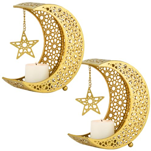 Marrakesch 2er Set Orientalische Ramadan Deko Teelichthalter aus Metall 19 cm groß | Windlicht Amaa als Garten Wohnzimmer Tisch Deko | Muslimische Gold Kerzenständer Kerzenhalter für Teelichter