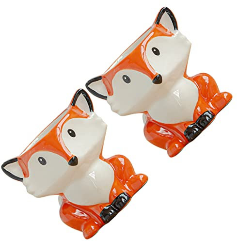 FONDOTIN 2stücke Keramik Sukkulenten Pflanzgefäße Kleine Cartoon Blumen Töpfe Mit Ablaufloch Füchse Für Büro Fensterbank Garten Deko