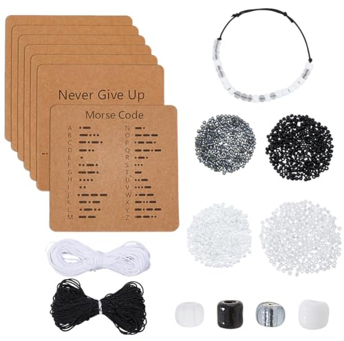 DICOSMETIC DIY Morsecode Armband Perlen Set DIY Partner Armbänder Freundschaftsarmband Inklusive 1200 Stück 4 Stile 4mm Glasperlen In Großpackung 20M Nylonfaden 18 Stück Armband Display Karten