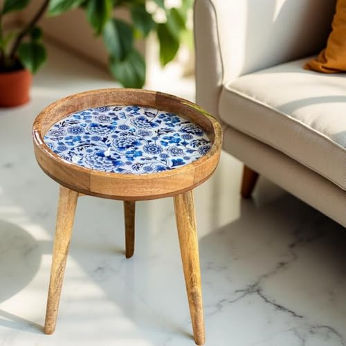 Hartsmede Mango Wood Side Table 13 – Handmade Boho Accent with Resin-Coated Enamel Top, Lightweight & Strong, Detachable Legs, Small Round End or Bedside Table (Santorini 24)