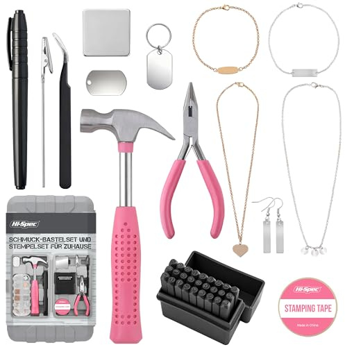 Hi-Spec Schmuck Selber Machen Set Rosa – ideal für Mädchen und Anfänger | 27-tlg. Schlagstempel, 42-tlg. DIY Zubehör mit Mini-Klauenhammer und Schmuckzangen – Für personalisierte Armbänder/Halsketten