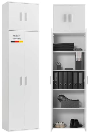 mokebo Mehrzweckschrank deckenhoch (230x60 cm) 'Der Extralange' Made in Germany aus Holz extra hoch mit 4 Türen auch als Aktenschrank Vorratschrank Schuhschrank Flurschrank Weiß