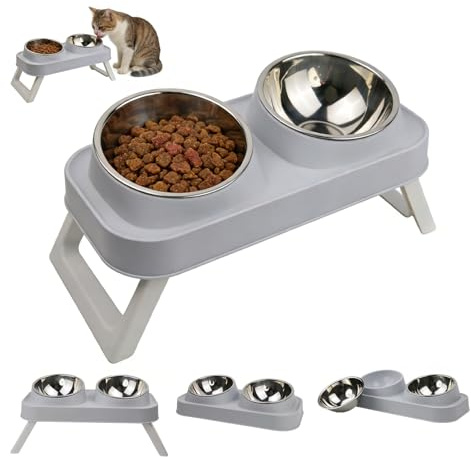 Slow Feeder Dog Bowl, Raised Dog Bowl with Stand, Elevated Pet Bowl Dog Feeding Station with Stainless Steel Dog Bowls, Anti-Choke Food Bowl for small Dogs, Cats, 15oz, Grey (2 Bowls)