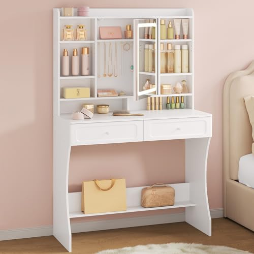 WOLTU Schminktisch mit Beleuchtung, Frisiertisch mit Spiegelschrank | Helligkeit Einstellbar, 2 Schubladen, Verstellbare Ablagen, kleiner Schminktisch für Schlafzimmer, Weiß
