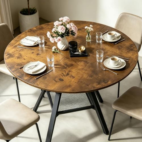 Blishom Runder Esstisch 100 cm, Esszimmertisch Holz, Retro | Für 2–4 Personen, mit Ablage und stabilem Metallgestell, platzsparender Küchentisch für Esszimmer Küche Wohnzimmer