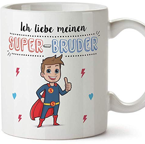 MUGFFINS Bruder Tasse/Becher/Mug - Ich Liebe Meinen Super-Bruder - Schöne und lustige Kafeetasse als Geschenk für Geschwister. Keramik 350 ml