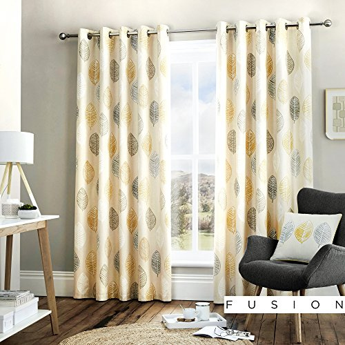 Fusion Home Furnishings Skandi Leaf Vorhänge mit Ösen, 1 Paar, 100% Baumwolle, Ocker, BxH 168 x 229cm