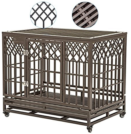 SMONTER 38 Heavy Duty Dog Crates Indoor & Outdoor Dog Cage Strong Metal Pet Kennel Playpen with Two Prevent Escape Lock and Locking Wheels