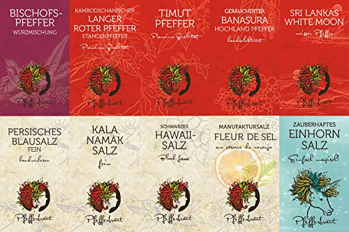Pfefferbraut Mixed Bag N°.1 - 10 Probiertütchen Salz & Pfeffer - Timut Einhornsalz geräucherter Banasura Kala Namak uvm Geschenk Probierset