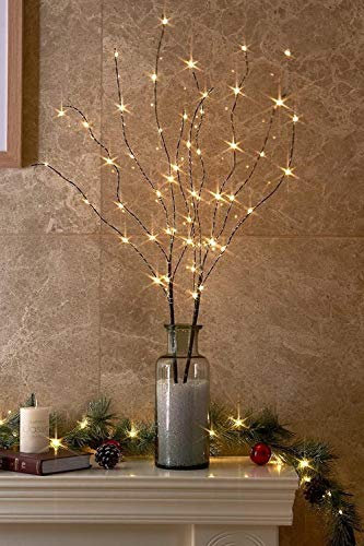 EAMBRITE 2PK 75cm Christmas Decorative Twig Lights Snow Frosted Garden Stake Lights with 50 Warm White LEDs Battery Powered Lighted Branches for Indoor and Outdoor Use