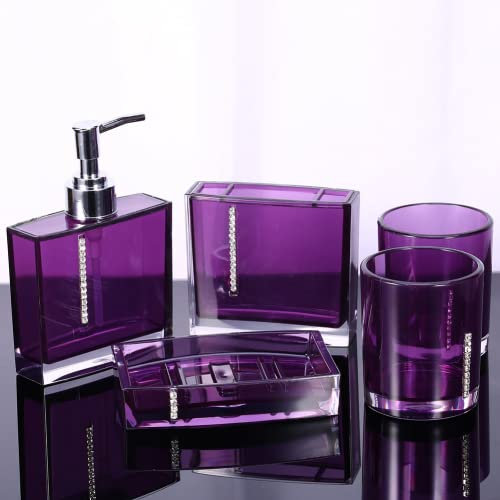 Badezimmer Set, 5PC/Set Badzubehör aus Acryl, Bad Tasse Flasche Zahnbürstenhalter Seifenschale Badzubehör (Lila)