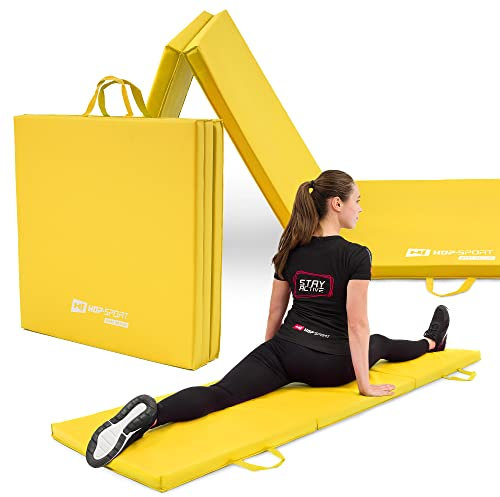 Hop-Sport Turnmatte klappbar - Bodenweichmatte für zuhause 180x60x5cm - Fitnessmatte, Gymnastikmatte mit Tragegriffen Dicke 4cm / 5cm (Gelb)