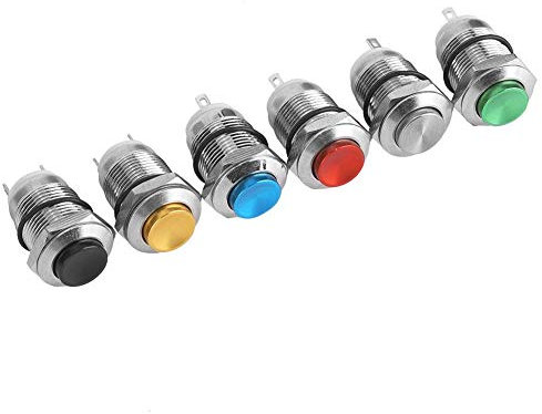 6Pcs Momentary Push Button Switches 12mm IP67 wasserdicht Reset Metal Button ohne Licht 2A/250VAC Blau, Grün, Schwarz, Rot, Gelb, Metallic
