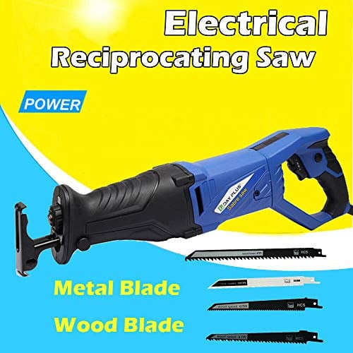 850w 240v Electric Reciprocating Power Sabre Pruning Saw with Non-Slip Rotary Handle (90° Left & Right) Variable Speed with LED Light 3 Blades for Wood Cutting and 1 Blade for Metal Cutting