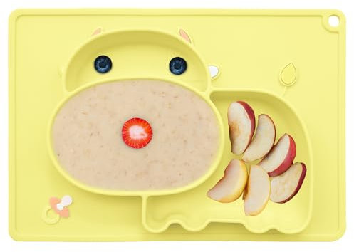 kidoo - Plato Infantil de Silicona - Vajilla de Bebé Antideslizante | 100% Libre de BPA - Aprobado por la FDA - Base Adherente - Apto para Lavavajillas y Microondas - No Tóxico (Amarillo, Vaca)
