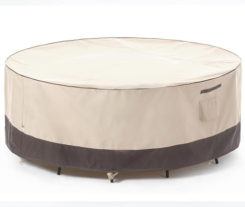 F&J Outdoors Schutzhülle für Gartentische, Robust Reißfesten Wasserdicht Schneeschutz UV-beständige Plane Abdeckplane für Terrassentisch Wetterfest im Sommer und Winter, Rund 128x71cm, Beige
