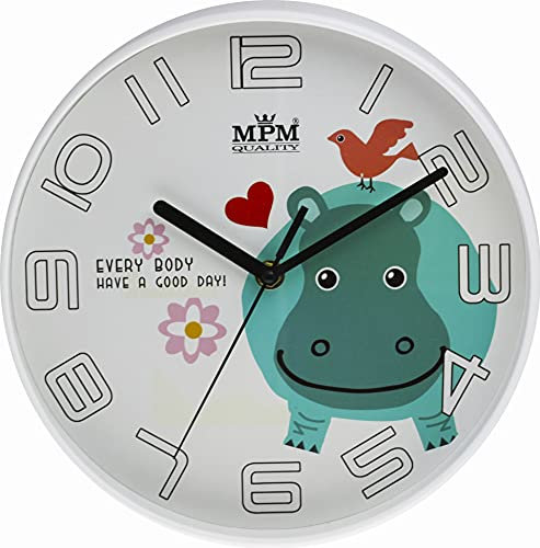 MPM Kinder Wanduhr aus Kunststoff mit Nilpferd-Motiv, Weiß/Bunt, Wanddeko gut geeignet für Kinderzimmer, Quarz-Schrittmotor, für Jungen und Mädchen