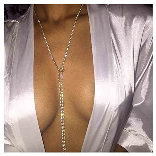 Yheakne Bling Tennis Kette Halskette Silber Lange Strass Halsband Halskette CZ Lariat Y Halskette Binden Halskette für Frauen und Mädchen Nachtclub Körper Kette Schmuck
