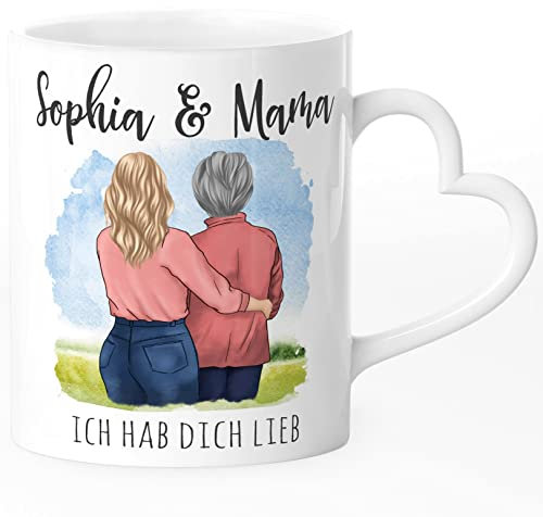 SpecialMe® Kaffee-Tasse Herzhenkel Mama Tochter personalisierbar mit Namen Figuren Geschenk Muttertag Geburtstag weiß - Herz Herz-Tasse