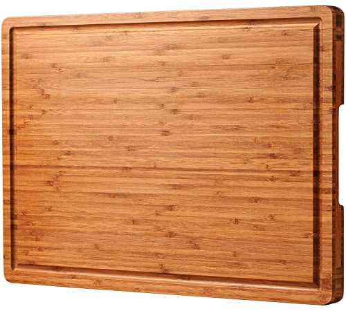 Planche à découper en bambou XXL 61 x 45,7 cm, plateau de service pour charcuterie avec poignées et rainures pour jus, structure solide, mince, durable, réversible