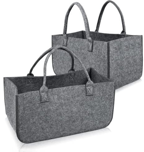 LZQ 2 Stück Groß Filztaschen Faltbar Filztaschen Kaminholzkorb Filztasche Shopper Kann als Einkaufstaschen Kaminholztasche Büchertaschen, Hellgrau