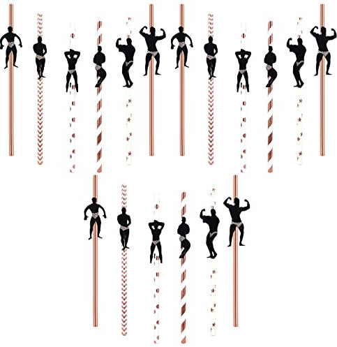 BEHAHAI 18pcs Hen Party Naughty Straw, Bachelorette Straws Hen Party Cocktail Straws Dancing Men Straws Male Stripper Rose Gold Paper Straws for Bachelorette Party Decoration Accessories