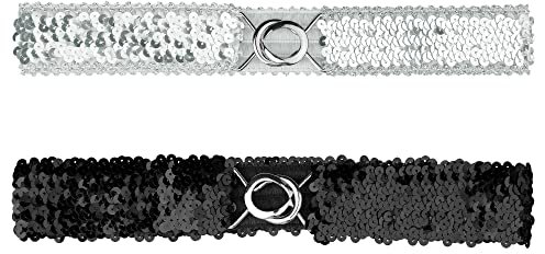 Allegra K Womens Glitter Skinny Stretchy Waist Belts Sequins Decor Slim Elastic Belts 2PCS Silver side Silver 64cm/25.19