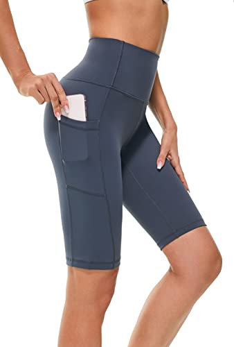 Buepeara Kurze Leggings mit Taschen, High Waist Blickdicht Damen Radlerhose Shorts für Alltag & Sport -3182-02 (Grau Blau)/L