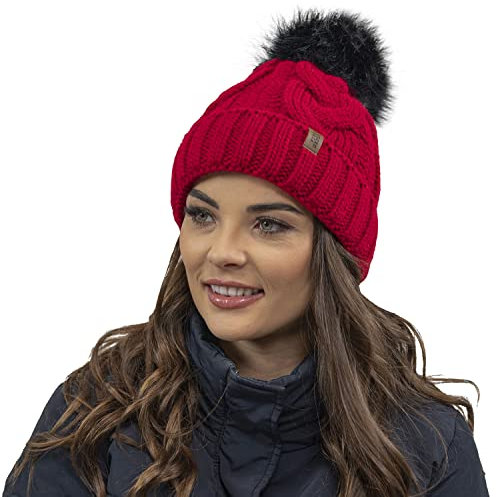 Vivisence Wintermütze Mit Bommel Damen Perfekte Passform Warmes Strickmütze Herbst Frauen Mütze Für Winter Aufgerolltem Design Für Extra Wärme Ideal Für Kalte Wintertage Modell 7014, Rot,Einheitsgröße