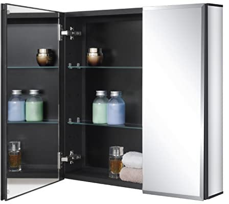 Fundin Schwarzer Aluminium-Badezimmer-Spiegelschrank 61 x 61 cm für Unter- oder Aufputzmontage, mit Doppeltür und verstellbaren Einlegeböden.