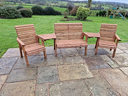 Churnet Valley WOODEN GARDEN CHAIRS, COMPANION SET, BISTRO SET, SITS 4, WOODEN BENCH & 2 CHAIRS WITH ANGLED TRAYS