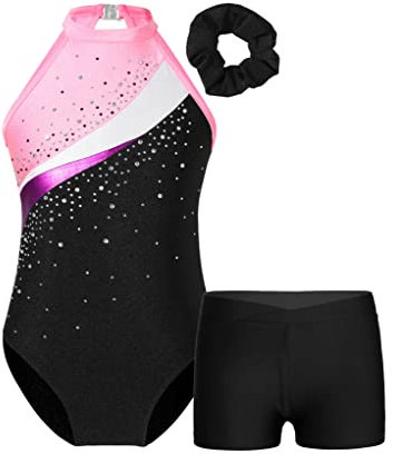 TTAO Gymnastikanzug Kinder Mädchen Ärmellos Turnanzug Trikotanzug Tanz Gymnastik Training Dancewear Gymnastikbody mit Haarband und Shorts A Schwarz&Pink 134-140