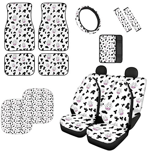 Kuiaobaty Autositzbezüge, niedliches Kuh-Druck, komplettes Set, Auto-Fußmatten, Cartoon-Kühe, Lenkradbezug, Sicherheitsgurtbezüge, Frauen, Auto-Innendekoration