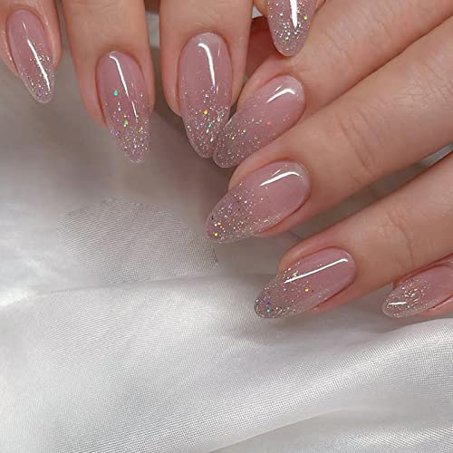 Ceboic 24Pcs Amande Faux Ongles Moyen Français Ballerine Press on Nails avec Dessin, Glossy Pleine Couverture Acrylique Ongles à Coller pour Femmes et Filles (Rose Brillant)