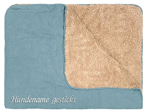 Direkt-Stick.de Hundedecke mit Namen Bestickt, personalisierbare Heimtierdecke für Hunde und Katzen, 4 Farben, weiche Wendedecke, Liegedecke Teddyfell (blau)