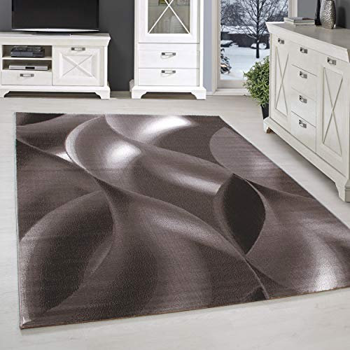 SIMPEX Kurzflor Teppich, Abstrakt Wellen Design, Braun, 140 x 200 cm, Moderner Stil für Wohnzimmer