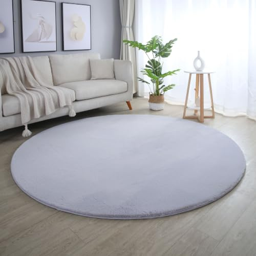 HomebyHome Hochflor Teppich Rund 120 cm Silber Shaggy Modern Flauschig Weich Fellteppich Kunstfell Einfarbig für Schlafzimmer Wohnzimmer Kinderzimmer