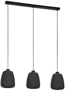 EGLO Hängelampe Barlaston, 3-flammige Pendelleuchte über Esstisch | Esszimmerlampe aus Textil in Grau und Metall in Schwarz, Hängeleuchte mit E27 Fassung, 88 cm