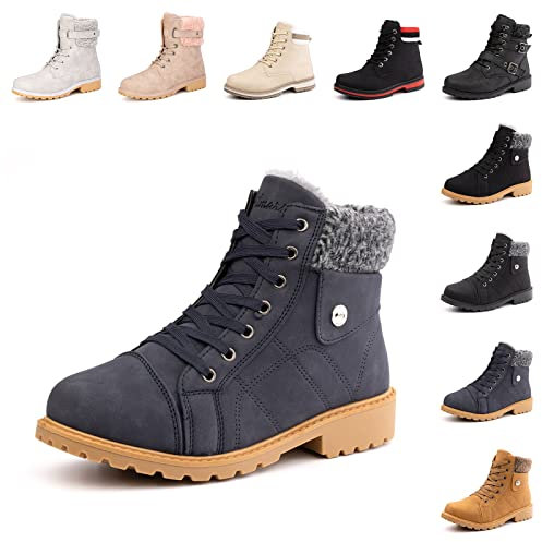 Hitmars Winterstiefel Damen Warme Winterschuhe Gefüttert Kurzschaft Absatz Stiefel Winter Geschnürt Stiefeletten Schneestiefel Damen Blau Größe 39 EU