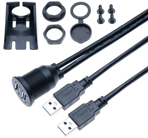 Câble D'extension Double Port USB 3.0 Mâle Femelle Embarqué étanche 1M pour Voiture, Véhicule, Bateau, Camion, Vélo, Moto, Yacht, Tableau de Bord de Montage Encastré Lot de 2 Câbles (1 Mètre)