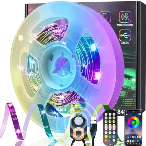 Meiyue LED Strip Bewegungsmelder 3M, LED Bettlicht mit PIR Bewegungssensor, Fernbedienung & APP Steuerung, 3 Modi, Musik Sync Bluetooth RGB LED Streifen für Bet,Treppen,Schlafzimmer