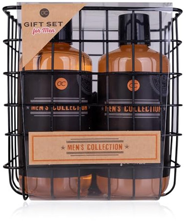 Accentra Geschenkset für Männer MEN'S COLLECTION in Drahtkorb, inkl. 300ml Duschgel, 300ml Shampoo, 15g Netzschwamm, Nagelbürste, Duft: Birke & Zeder - braun