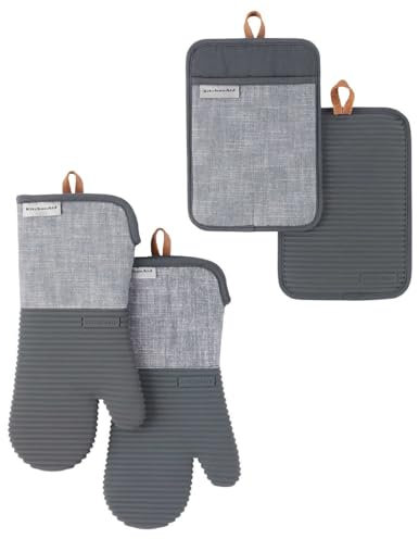 KitchenAid Oven Gloves & Pot Holder Set, 2 Pieces, Silicone Coated, 2 x Oven Mitts & 2 x Pot Holders, Cotton/Silicone (Grey)